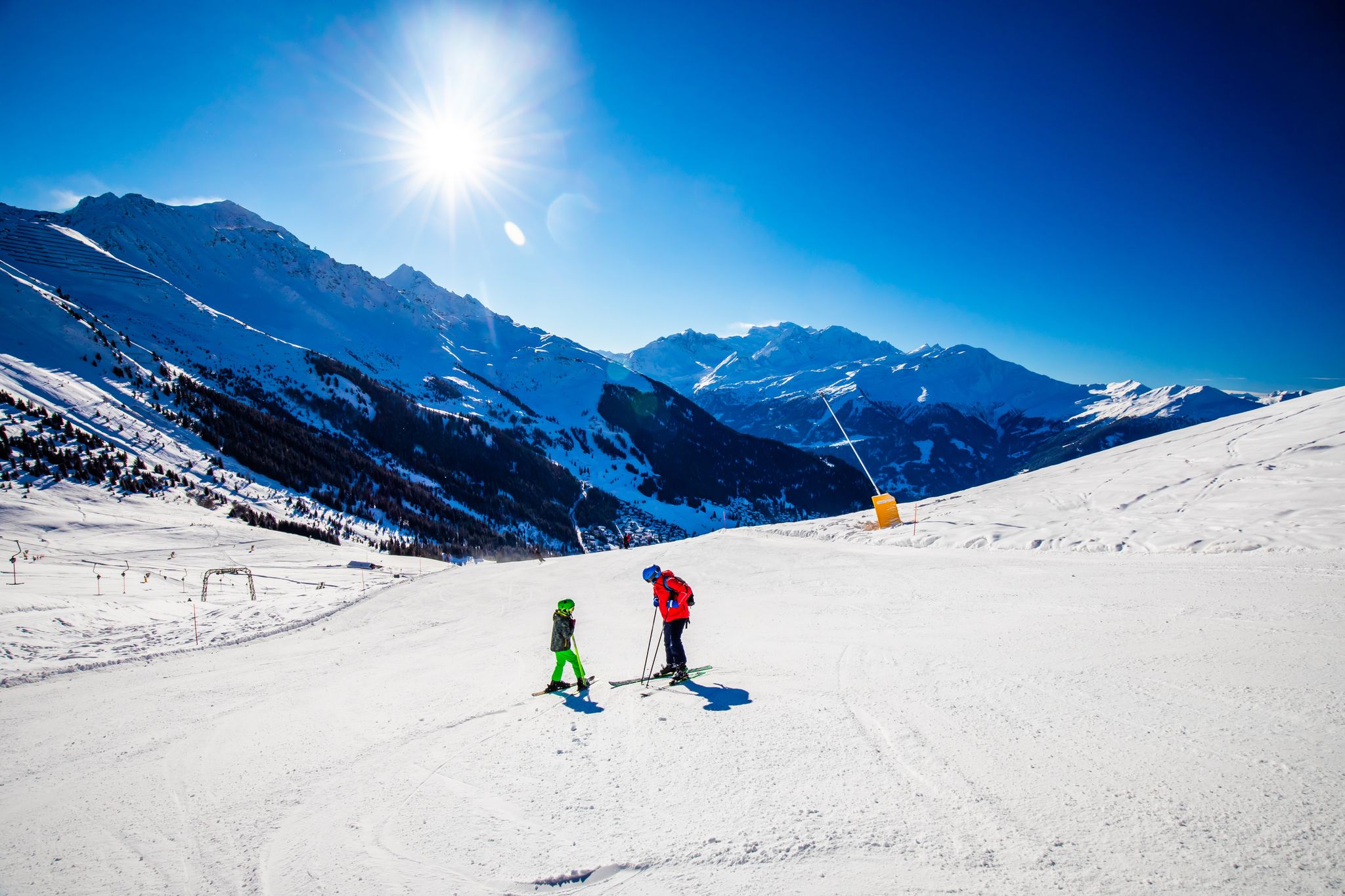 Photo of aerial view of Verbier and details of the skiing resort, Swiss Alps, Switzerland.