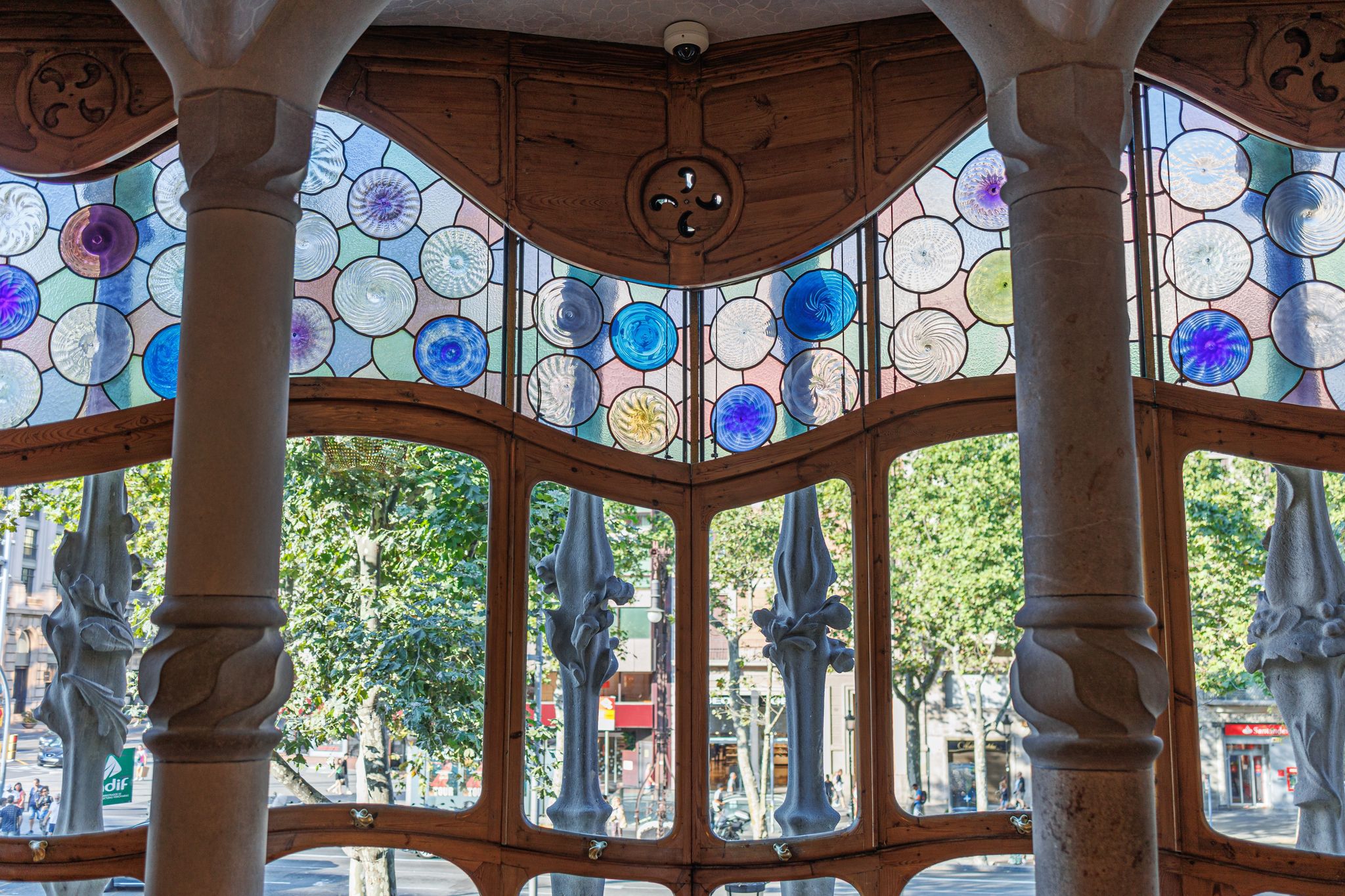 Photo of Interior of Famous Casa Batllo in Barcelona, detail of the Stained Glass Windows, Spain.