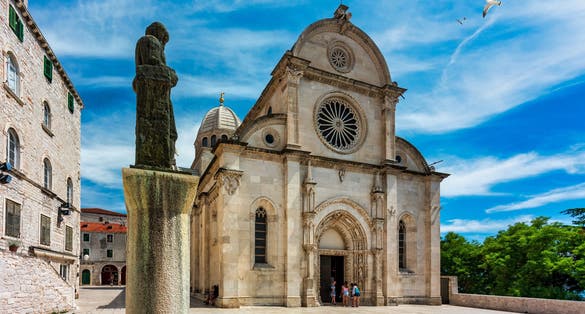 Croatia, city of Sibenik, panoramic view of the old town center and cathedral of St James, most important architectural monument of the Renaissance era in Croatia, UNESCO World Heritage