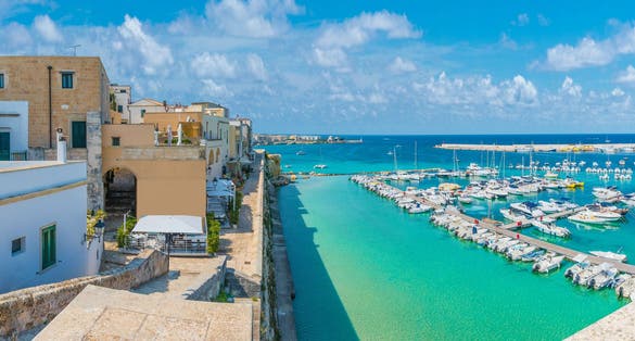 Panoramic view of Otranto town and harbor, province of Lecce, Puglia (Apulia), Italy