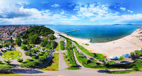 Photo of beautiful 360 degree panoramic view of the Burgas Bay and the Burgas Sea Garden, Bulgaria.