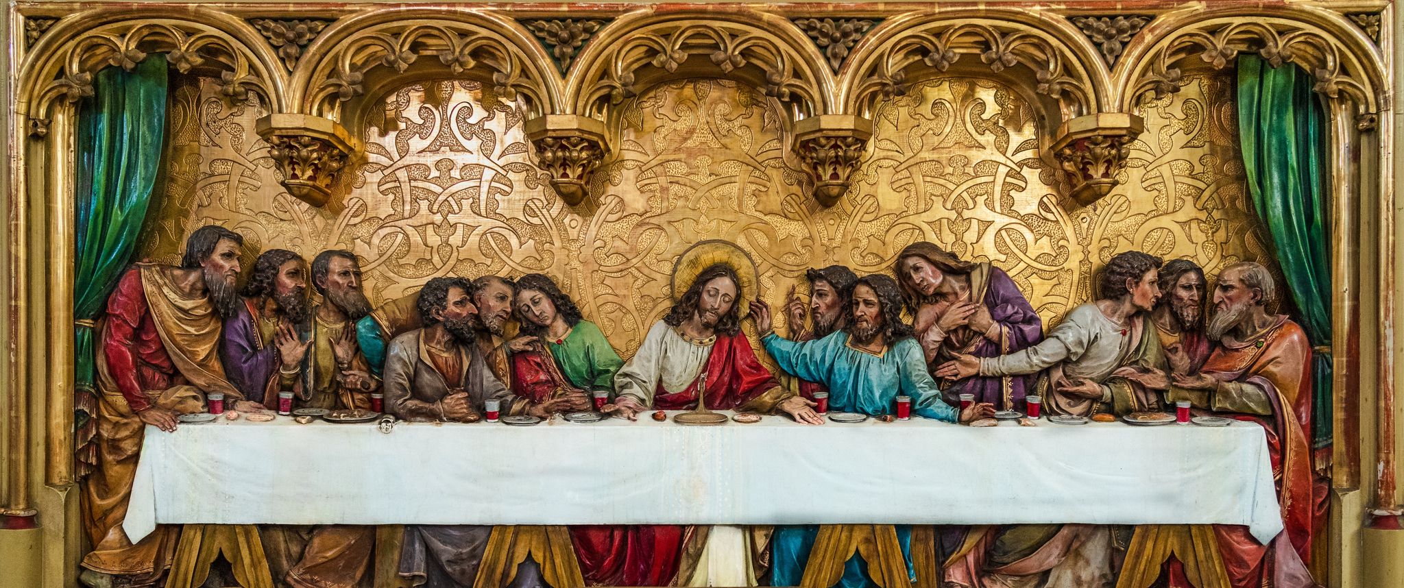  The Last Supper biblical scene, wooden carved bas-relief, 19th century, by Ferdinand Prinoth from St. Ulrich inside St Martin's Cathedral; cathedral of Bratislava