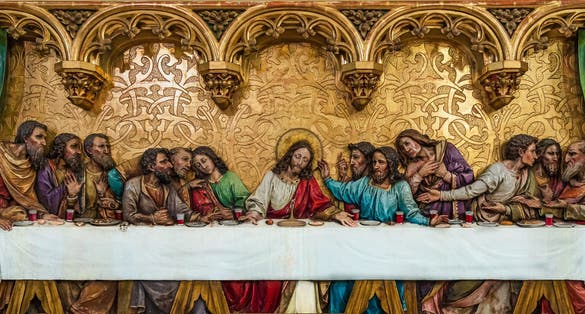  The Last Supper biblical scene, wooden carved bas-relief, 19th century, by Ferdinand Prinoth from St. Ulrich inside St Martin's Cathedral; cathedral of Bratislava