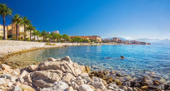 Photo of Ajaccio old city center coastal cityscape with palm trees and typical old houses.