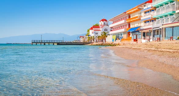 Beautiful Paralia Katerini beach and church, Greece.