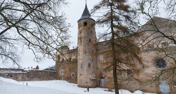 Photo of Ood castle ruins. Winter snowy season in Haapsalu Castle ,Estonia.