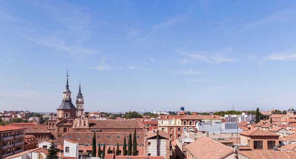 Photo of aerial view landmark Plaza de Cervantes, Alcala de Henares, Spain.