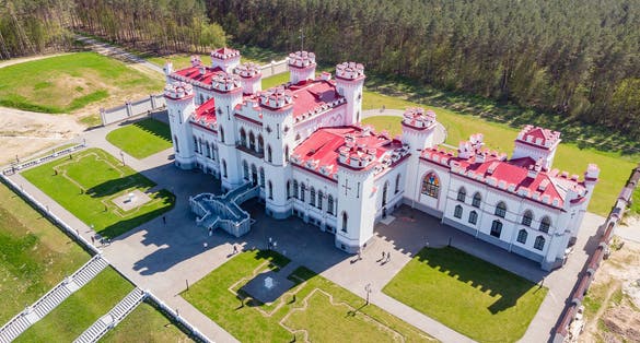 Photo of aerial view of magnificent Kosava Palace, Belarus.