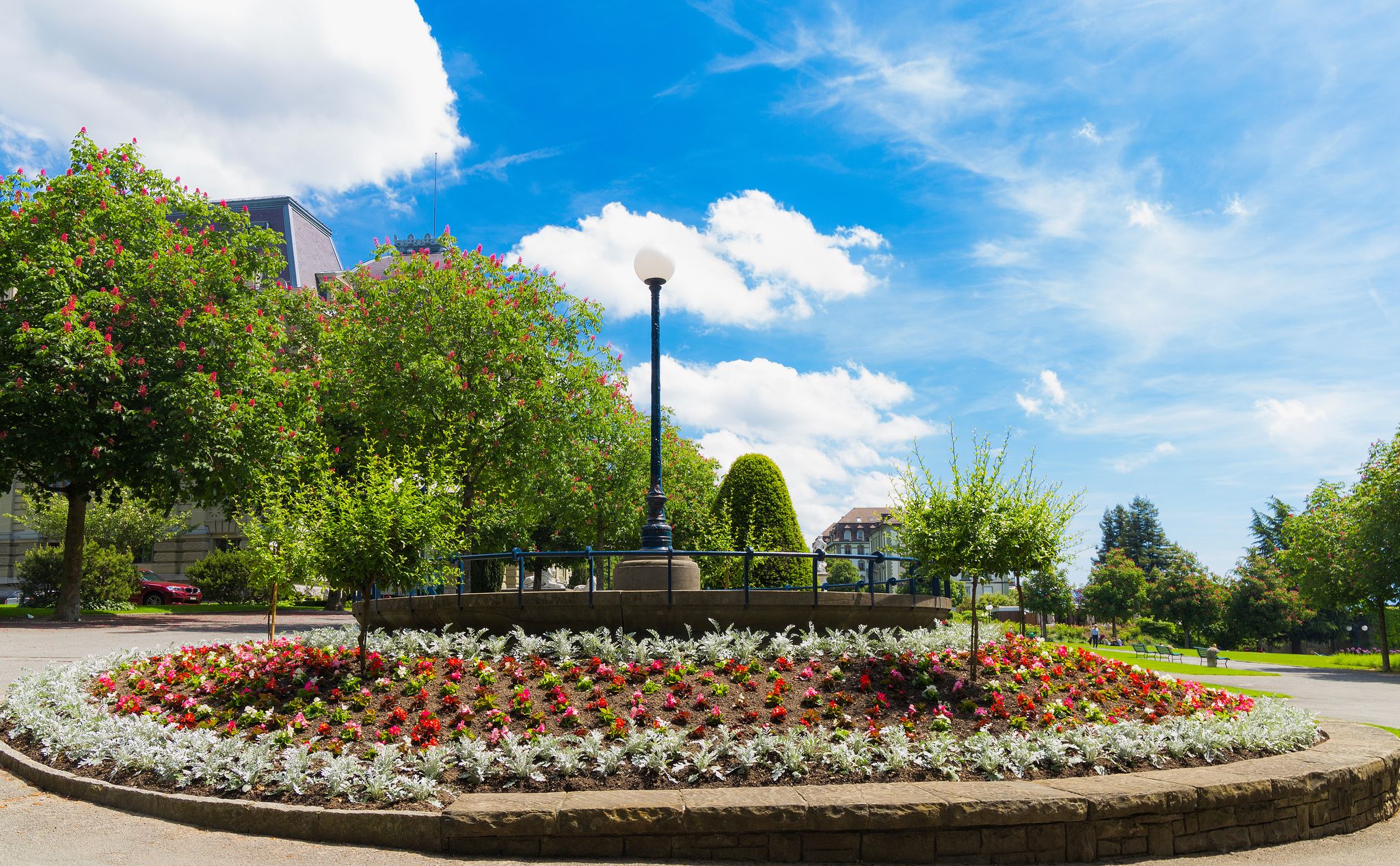 photo of beautiful Montbenon park with fantastic blue sky in Lausanne, Switzerland.