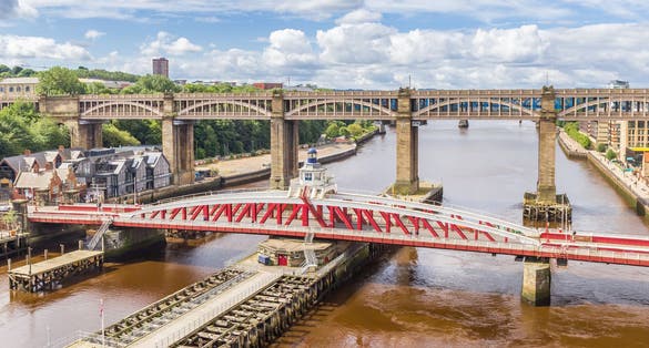 photo of view of  Panorama of the Swing bridge and High Level bridge in Newcastle upon Tyne, England.
