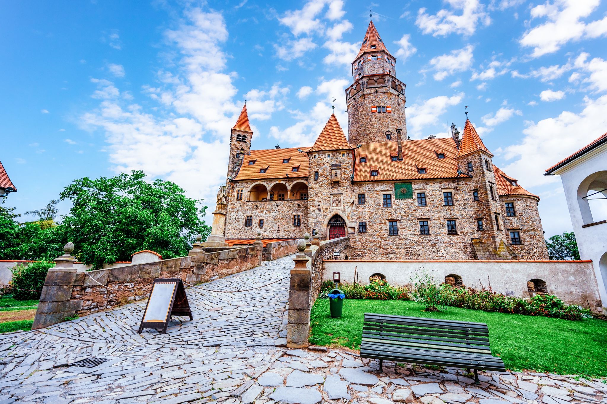 Photo of Bouzov fairytale castle in Czech highland beautiful landscape.