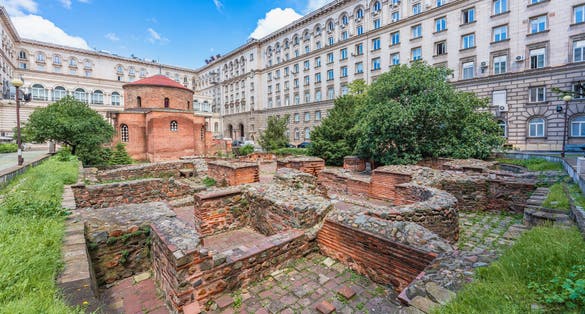 Photo of Saint George Rotunda Church, an ancient red brick building in Sofia, Bulgaria's Capital City.