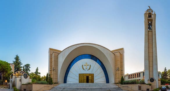 Photo of sunrise view of Resurrection of Christ Orthodox Cathedral in Tirana, Albania.