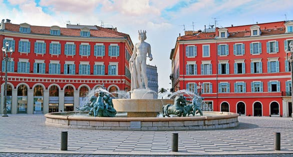 photo of Fountain Soleil on Place Massena at beautiful morning in Nice, France.