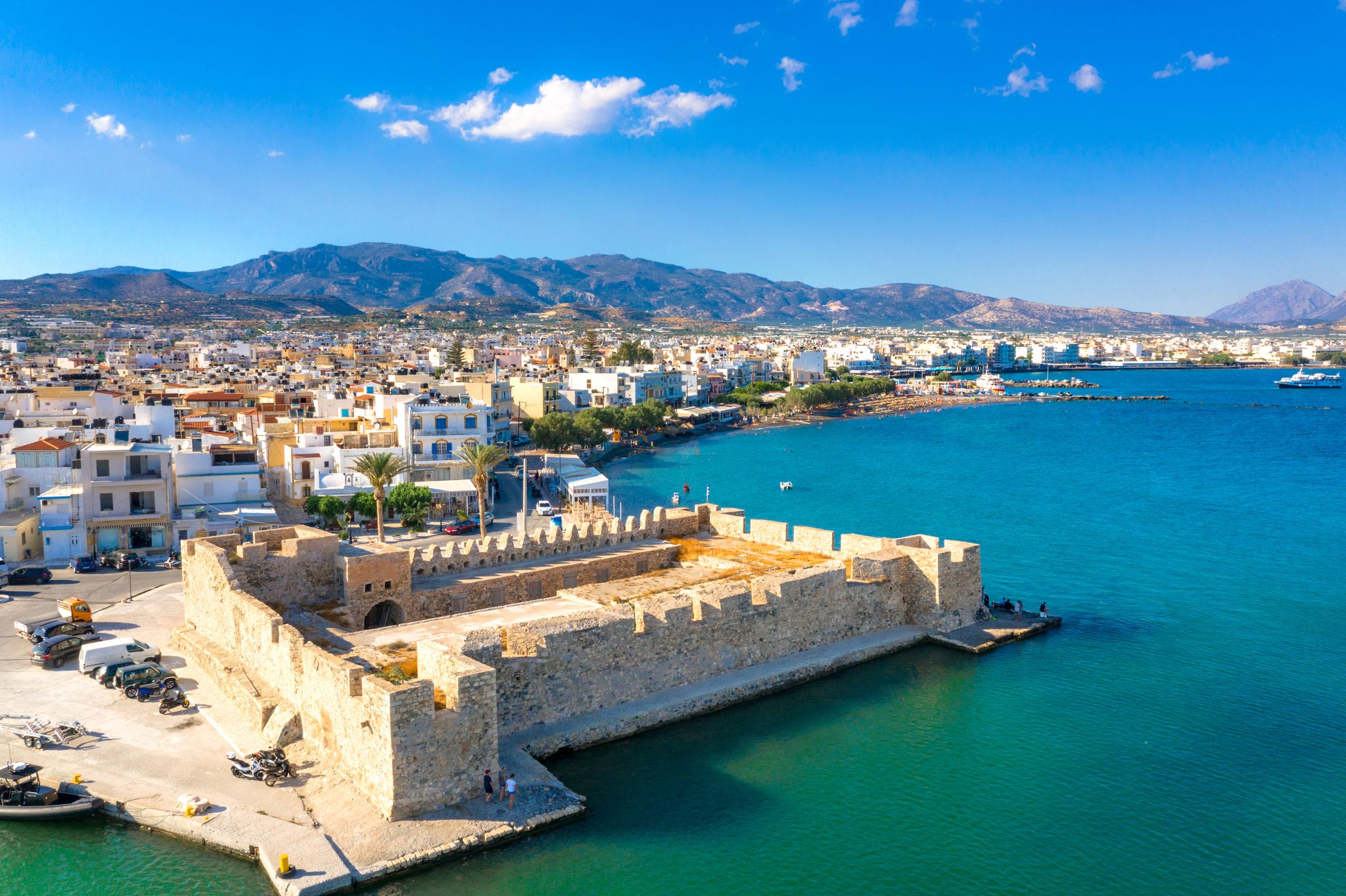 Photo of aerial view of the Kales Venetian fortress at the entrance to the harbor, Ierapetra, Crete, Greece.
