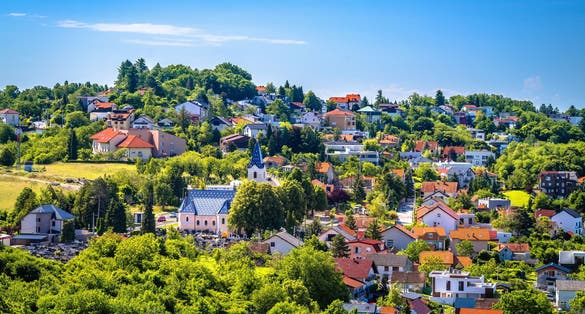 Zagreb green zone. Church in Sestine on green hill above croatian capital Zagreb, Croatia