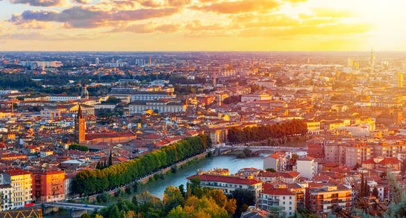 Beautiful sunset aerial view of Verona. Veneto region in italy. Verona sunset cityscape.