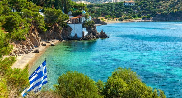 Photo of a very popular beach among locals and visitors in Lesvos island, Mytilene.