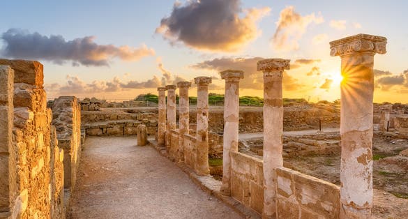 Photo of ruins of the ancient city of Nea Paphos, Antique columns in Kato Pafos Archaeological Park, Cyprus.