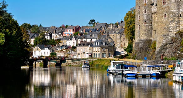 Castle of Rohan on the banks of Oust, part of canal Nantes at Brest, at Josselin, a commune in the Morbihan department in Brittany in north-western France.