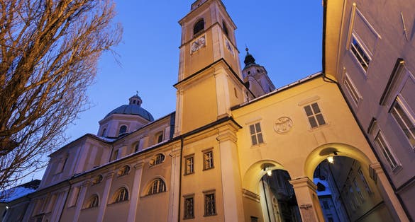 Photo of Saint Nicholas Cathedral in Ljubljana at night. Ljubljana, Slovenia.
