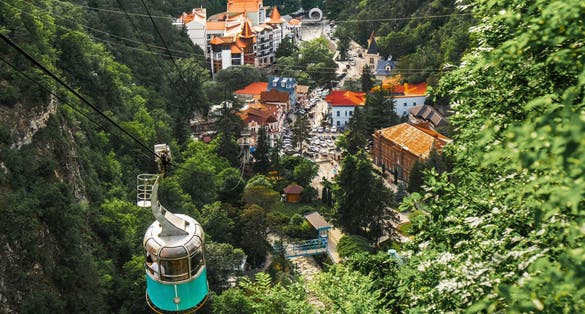 Photo of aerial view of park of Borjomi. Borjomi is a resort town in central Georgia. It's known for its mineral waters, with springs in Borjomi Central Park.