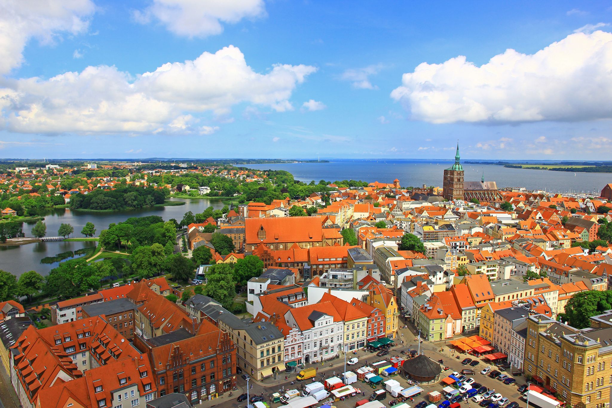 Stralsund town aerial panoramic view, located at the Marienkirche. Stralsund is a city on the north of Germany on the Baltic Sea, Unesco heritage. Mecklenburg-Vorpommern, Germany