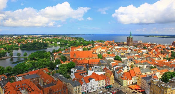 Stralsund town aerial panoramic view, located at the Marienkirche. Stralsund is a city on the north of Germany on the Baltic Sea, Unesco heritage. Mecklenburg-Vorpommern, Germany