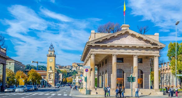 Traffic on Porta Nuova square in Bergamo, Italy