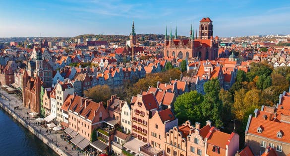 Photo of aerial view of the old town in Gdansk with beautiful architecture, Poland.