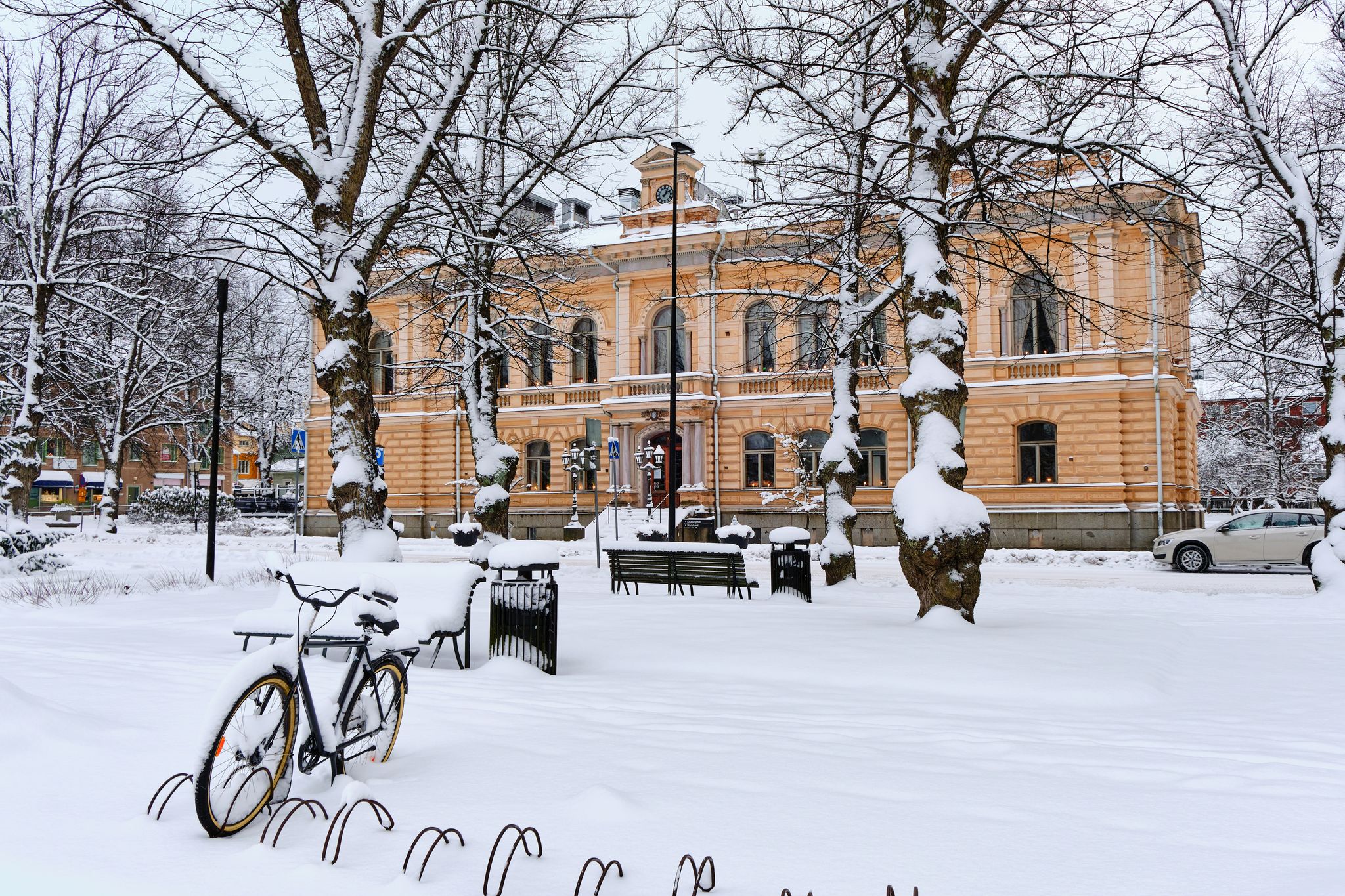 Porvoo contemporary Townhall in winter snowy day, Finland.