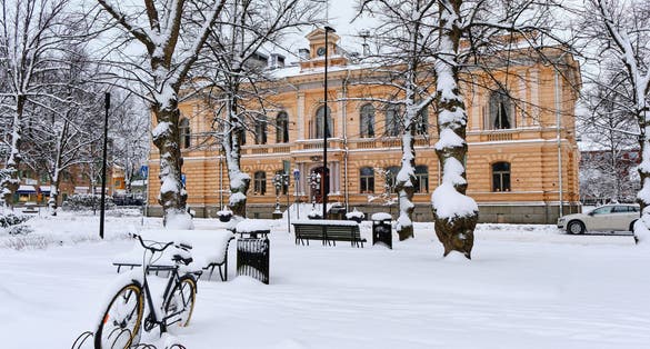 Porvoo contemporary Townhall in winter snowy day, Finland.