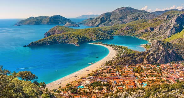 Photo of aerial view of Oludeniz Bay view in Fethiye Town, Turkey.