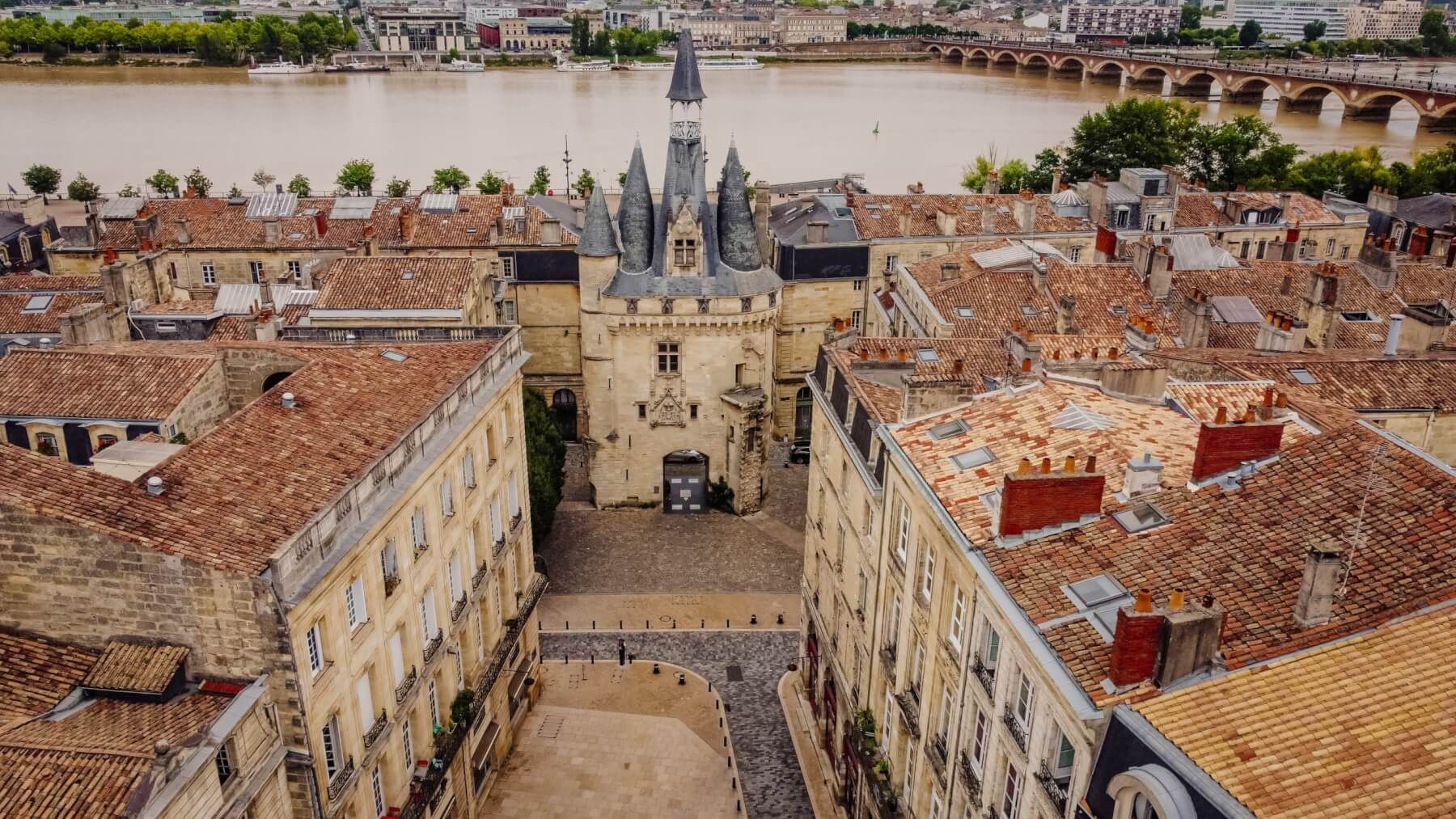 photo of an aerial view of Porte Cailhau in Bordeaux, France.