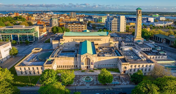 photo of view  of Aerial view of SeaCity Museum in Southampton, a port city in Hampshire, England, UK
