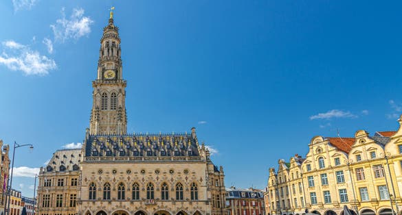 Cityscape of Arras town with Hotel de Ville town hall building, Flemish-Baroque-style townhouses on La Petite Place des Heros Heroes Square, Pas-de-Calais department, Hauts-de-France Region, France