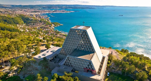 The Temple of Monte Grisa on Karst Plateau mountain above Trieste aerial view, Friuli Venezia Giulia region of Italy