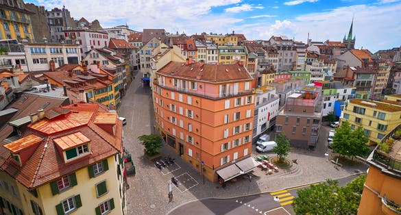 Photo of aerial view of Lausanne city in Switzerland.
