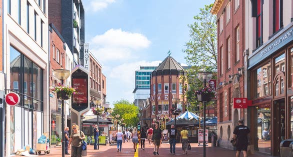 Eindhoven, Netherlands - June 2021: Shopping area in the city centre.
