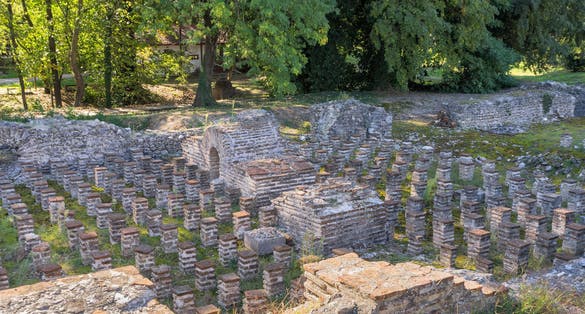 photo of Great Baths (2nd century AD) ancient ruins. Dion Archaeological Park, Pieria, Greece.
