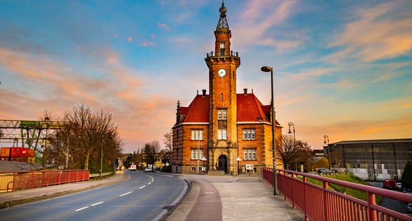 Photo of old harbor tower clock at Dortmund.