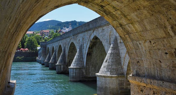 Photo of The Mehmed Pasa Sokolovic Bridge over the Drina River in Visegrad, Bosnia and Herzegovina.