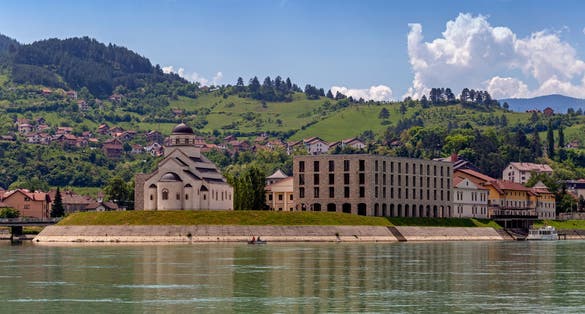 Photo of Andricgrad from river in Visegrad, Bosnia and Herzegovina.