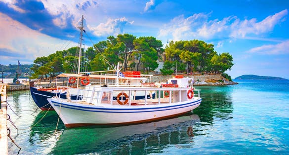 Photo of scenic town of Skiathos Chora in Skiathos island, Sporades, Greece..