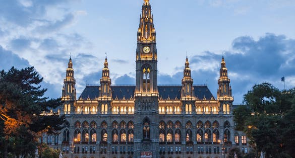 photo of view of Vienna City Hall at night, Vienna, Austria.