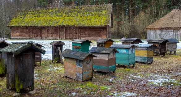 Old hives on display in the open-air museum of folk culture. The photo was taken on a cloudy winter day.