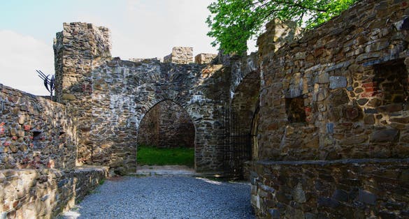 Photo of ruins of Helfstyn Castle, gate and walls inside the castle, Czechia.