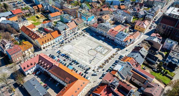 View of city of Oswiecim in Poland, where Auschwitz concentration camp is located