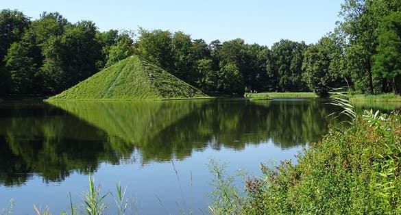 Park Branitz, Cottbus, Germany: Pyramid and isle with grave of landscape architect Hermann Fuerst von Pueckler-Muskau and his wife.
