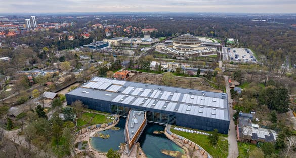 Photo of aerial view of Wroclaw with parks and zoo in early spring, Poland.